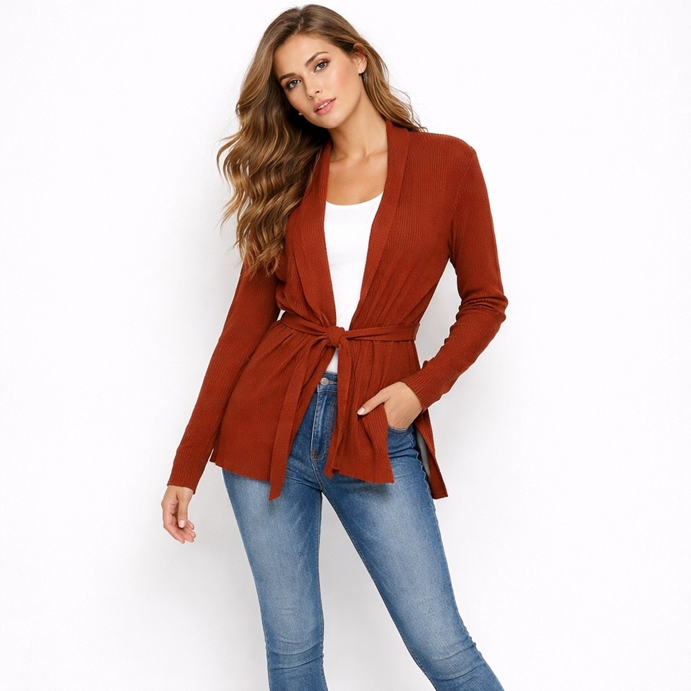MM.LaFleur Women Cardigan M/L Merino Wool Open Front Belted Rust Brown Fall